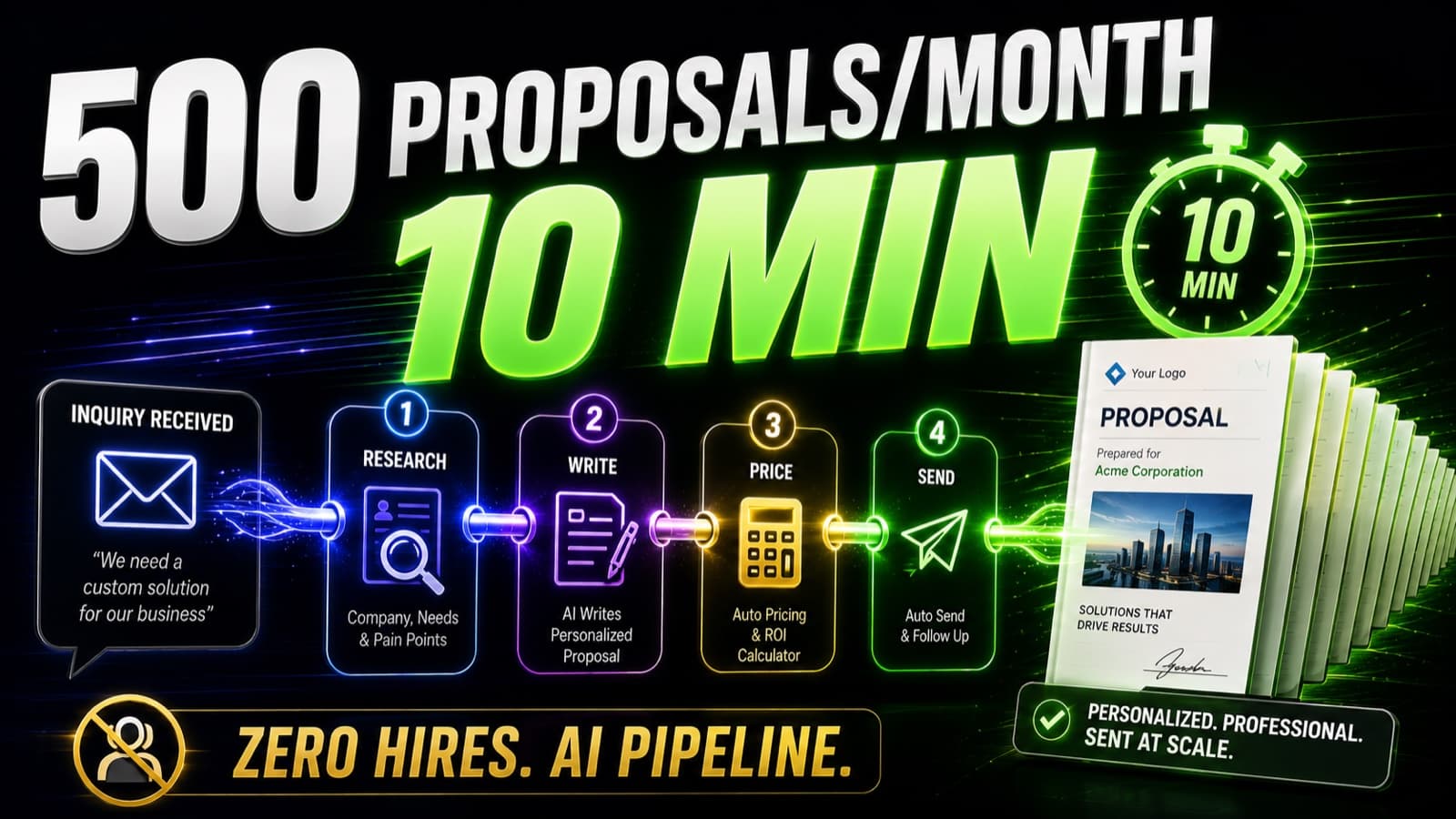 A four-step AI proposal pipeline: research, write, price, send